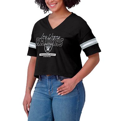 Women's WEAR by Erin Andrews Black Las Vegas Raiders Color Block Boxy Modest Crop V-Neck T-Shirt