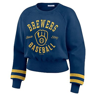 Women's WEAR by Erin Andrews Navy Milwaukee Brewers Vintage Washed Cropped Pullover Sweatshirt
