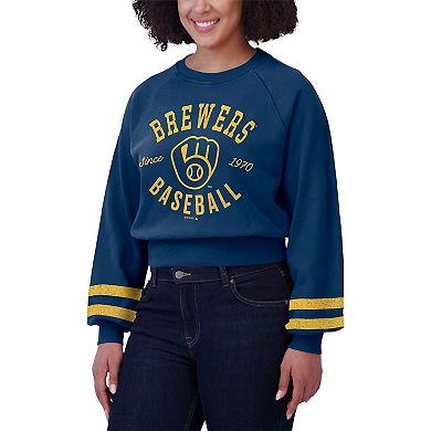Women's WEAR by Erin Andrews Navy Milwaukee Brewers Vintage Washed Cropped Pullover Sweatshirt