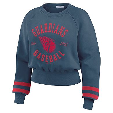 Women's WEAR by Erin Andrews Navy Cleveland Guardians Vintage Washed Cropped Pullover Sweatshirt