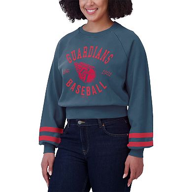 Women's WEAR by Erin Andrews Navy Cleveland Guardians Vintage Washed Cropped Pullover Sweatshirt