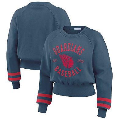 Women's WEAR by Erin Andrews Navy Cleveland Guardians Vintage Washed Cropped Pullover Sweatshirt
