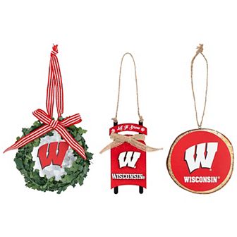 The Memory Company Wisconsin Badgers Three-Pack Wreath, Sled & Circle Ornament Set
