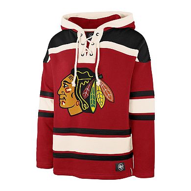 Men's '47 Connor Bedard Red Chicago Blackhawks Player Name & Number Lacer Pullover Hoodie