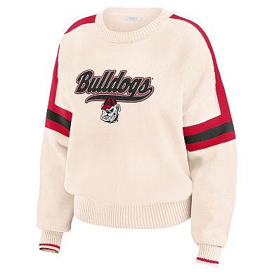 Women's WEAR by Erin Andrews Cream Georgia Bulldogs Chenille Woven Patch Stripe Pullover Sweater