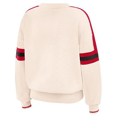 Women's WEAR by Erin Andrews Cream Georgia Bulldogs Chenille Woven Patch Stripe Pullover Sweater