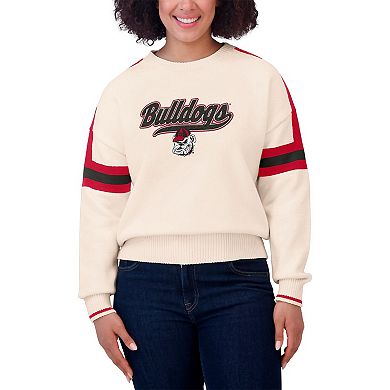 Women's WEAR by Erin Andrews Cream Georgia Bulldogs Chenille Woven Patch Stripe Pullover Sweater