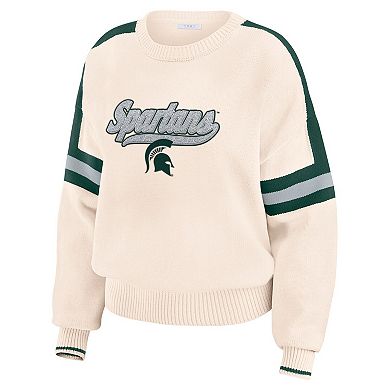 Women's WEAR by Erin Andrews Cream Michigan State Spartans Chenille Woven Patch Stripe Pullover Sweater