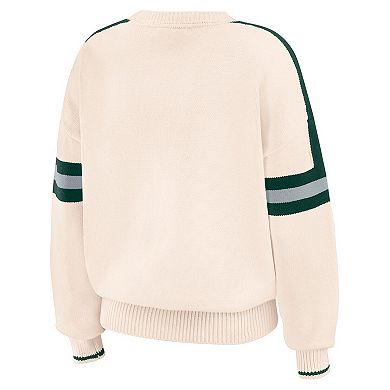 Women's WEAR by Erin Andrews Cream Michigan State Spartans Chenille Woven Patch Stripe Pullover Sweater