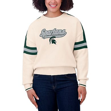 Women's WEAR by Erin Andrews Cream Michigan State Spartans Chenille Woven Patch Stripe Pullover Sweater