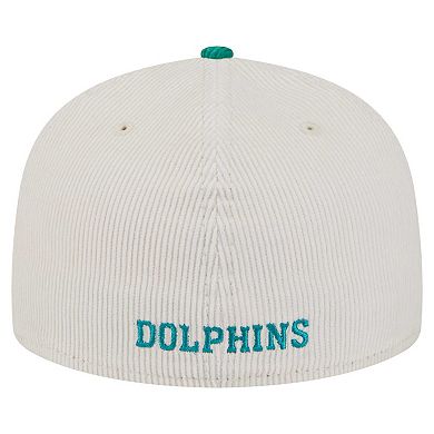 Men's New Era Cream/Aqua Miami Dolphins Throwback Corduroy 59FIFTY Fitted Hat