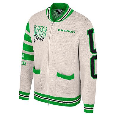Women's Colosseum Cream Oregon Ducks Jacquard Full-Zip Sweater