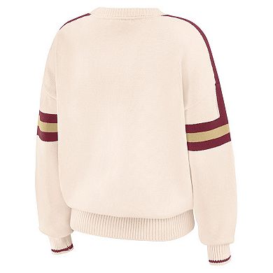 Women's WEAR by Erin Andrews Cream Florida State Seminoles Chenille Woven Patch Stripe Pullover Sweater