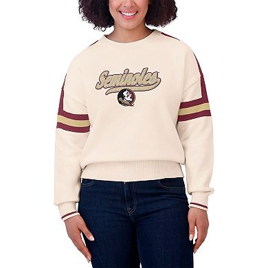 Women's WEAR by Erin Andrews Cream Florida State Seminoles Chenille Woven Patch Stripe Pullover Sweater