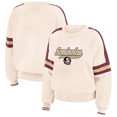 Women's WEAR by Erin Andrews Cream Florida State Seminoles Chenille Woven Patch Stripe Pullover Sweater