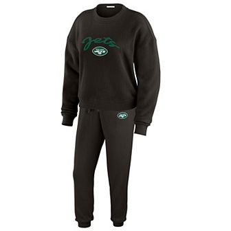 Women's WEAR by Erin Andrews Cream New York Jets Knitted Tri-Blend Long Sleeve T-Shirt & Pants Lounge Set