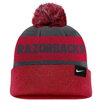 Men's Nike Charcoal/Cardinal Arkansas Razorbacks Peak Stripe Cuffed Knit Hat with Pom
