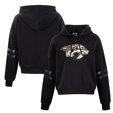 Women's Cuce Black Nashville Predators Sequin Cropped Pullover Hoodie
