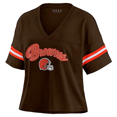 Women's WEAR by Erin Andrews Brown Cleveland Browns Color Block Boxy Modest Crop V-Neck T-Shirt
