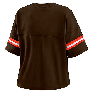 Women's WEAR by Erin Andrews Brown Cleveland Browns Color Block Boxy Modest Crop V-Neck T-Shirt