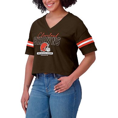 Women's WEAR by Erin Andrews Brown Cleveland Browns Color Block Boxy Modest Crop V-Neck T-Shirt