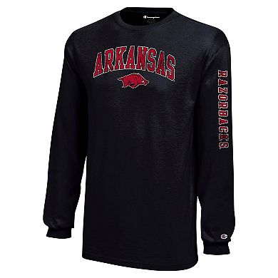 Youth Champion Black Arkansas Razorbacks Distressed Arch Over Logo Long Sleeve T-Shirt