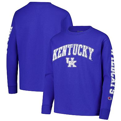 Youth Champion Royal Kentucky Wildcats Distressed Arch Over Logo Long Sleeve T-Shirt
