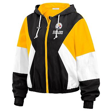 Women's WEAR by Erin Andrews Black/Gold Pittsburgh Steelers Plus Size Color Block Full-Zip Windbreaker Jacket