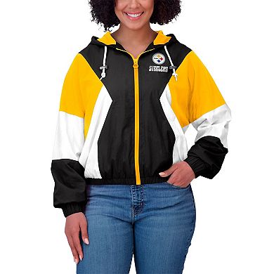 Women's WEAR by Erin Andrews Black/Gold Pittsburgh Steelers Plus Size Color Block Full-Zip Windbreaker Jacket