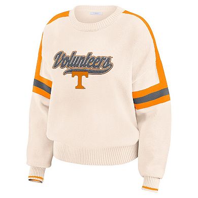 Women's WEAR by Erin Andrews Cream Tennessee Volunteers Chenille Woven Patch Stripe Pullover Sweater