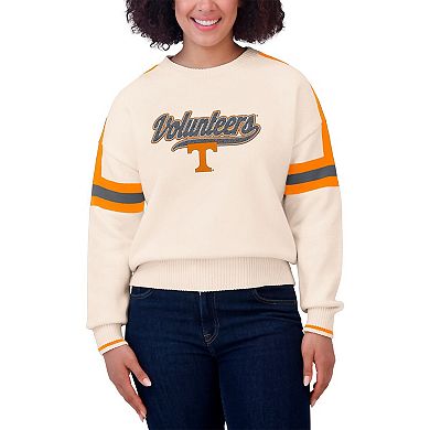 Women's WEAR by Erin Andrews Cream Tennessee Volunteers Chenille Woven Patch Stripe Pullover Sweater