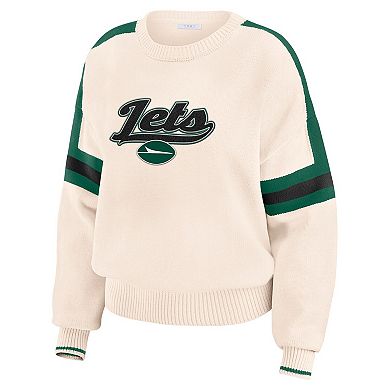 Women's WEAR by Erin Andrews Cream New York Jets Stripe Pullover Sweater