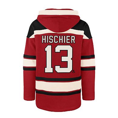 Men's '47 Nico Hischier Red New Jersey Devils Player Name & Number Lacer Pullover Hoodie