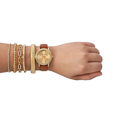 Skechers® Women's 6-pc. Light Brown Watch & Gold Tone Bracelet Set