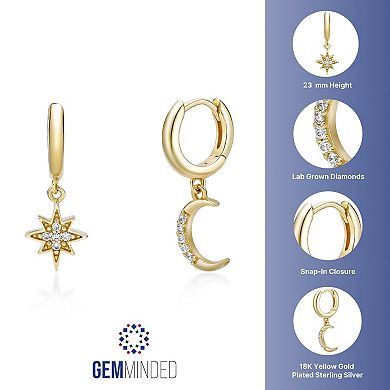 Gemminded 18k Gold Over Silver 1/10ct. T.W. Lab-Grown Diamond Mismatch Star & Moon Drop Earrings