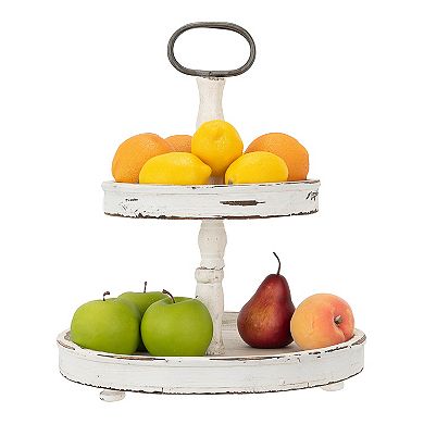 Storied Home Distressed Wood 2-Tier Tray with Metal Handle