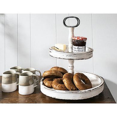 Storied Home Distressed Wood 2-Tier Tray with Metal Handle