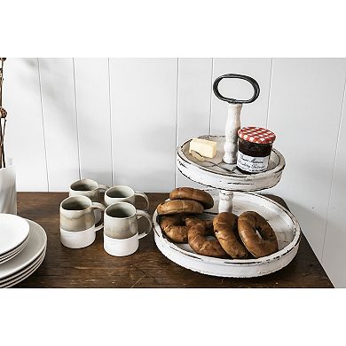 Storied Home Distressed Wood 2-Tier Tray with Metal Handle