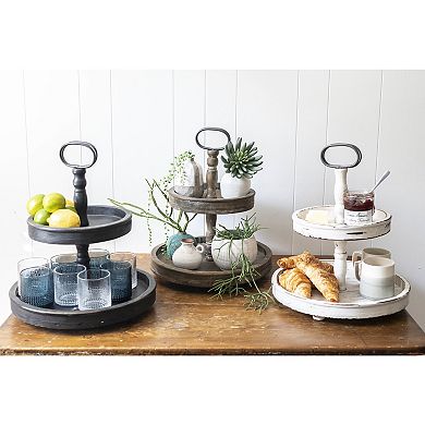 Storied Home Distressed Wood 2-Tier Tray with Metal Handle