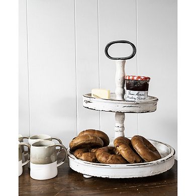 Storied Home Distressed Wood 2-Tier Tray with Metal Handle