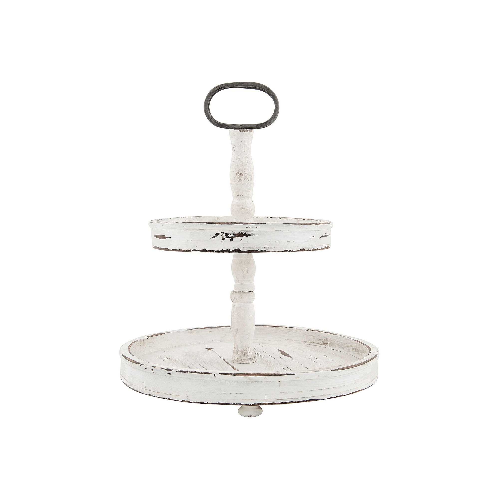 Storied Home Distressed Wood 2-Tier Tray with Metal Handle, White
