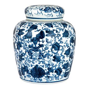 Storied Home Blue & White Floral Ginger Jar & Lid