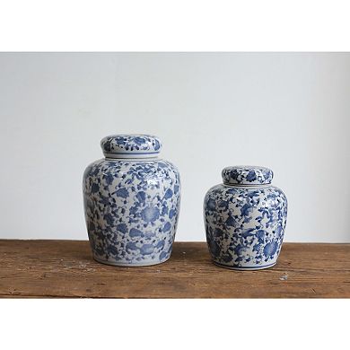 Storied Home Blue & White Floral Ginger Jar & Lid