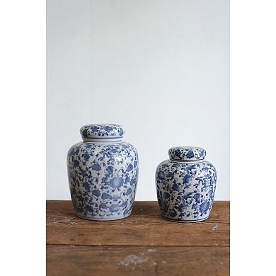 Storied Home Blue & White Floral Ginger Jar & Lid