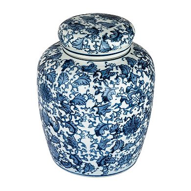 Storied Home Blue & White Floral Ginger Jar & Lid