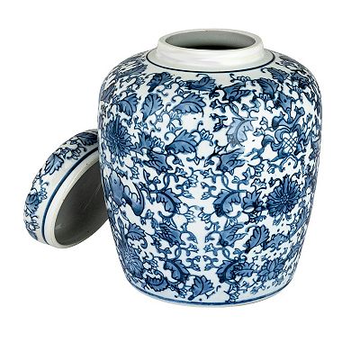 Storied Home Blue & White Floral Ginger Jar & Lid
