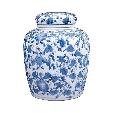 Storied Home Blue & White Floral Ginger Jar & Lid