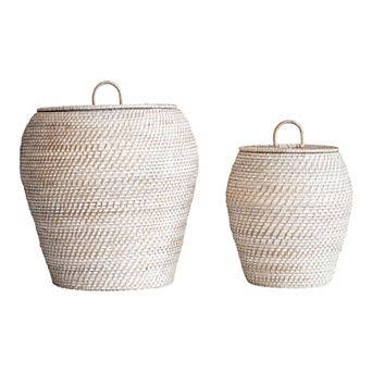 Storied Home Decorative Hand-Woven Rattan Storage Baskets with Lids - Whitewashed - Set of 2