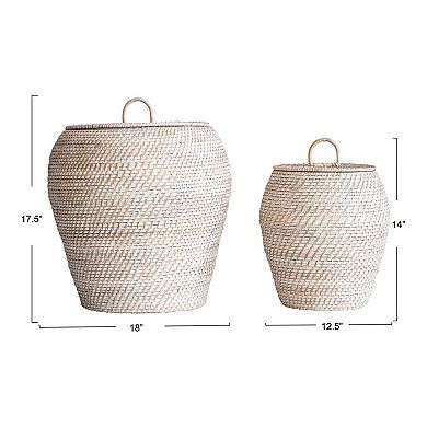 Storied Home Decorative Hand-Woven Rattan Storage Baskets with Lids - Whitewashed - Set of 2