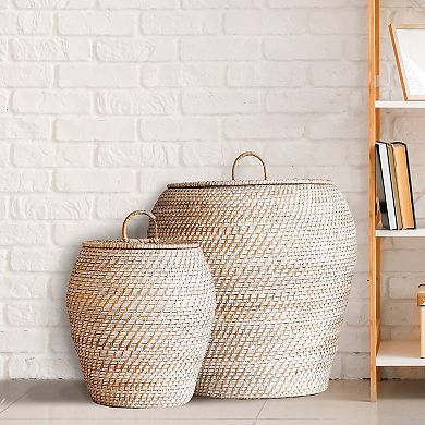 Storied Home Decorative Hand-Woven Rattan Storage Baskets with Lids - Whitewashed - Set of 2